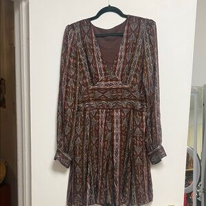 PAIGE Brown Printed Long-Sleeve V-Neck Silk Dress Large